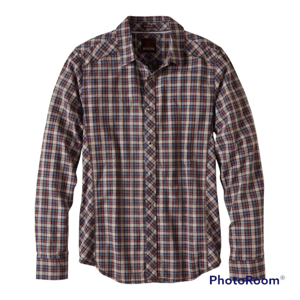 PRANA Archer Long Sleeve Button Up Shirt EUC Sz Large Tan Brown Plaid